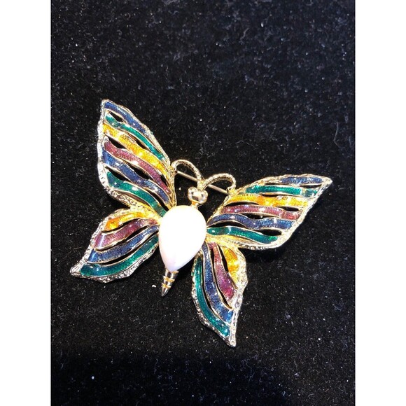 Signed FO Fernando Originals Enamel Butterfly Brooch Gold Tone Faux Pearl Pin - Picture 1 of 4